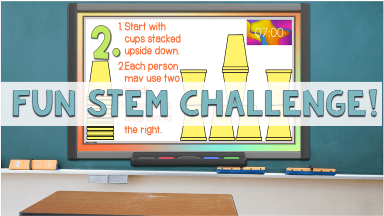 Cup stacking challenge, cup stacking, STEM activity, team building activity, cup stacking game with rubber bands, no hands cup stacking challenge instructions, cup stacking game rules, stacking cup game with timer,