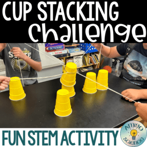 Cup stacking challenge, cup stacking, STEM activity, team building activity, cup stacking game with rubber bands, no hands cup stacking challenge instructions, cup stacking game rules, stacking cup game with timer,